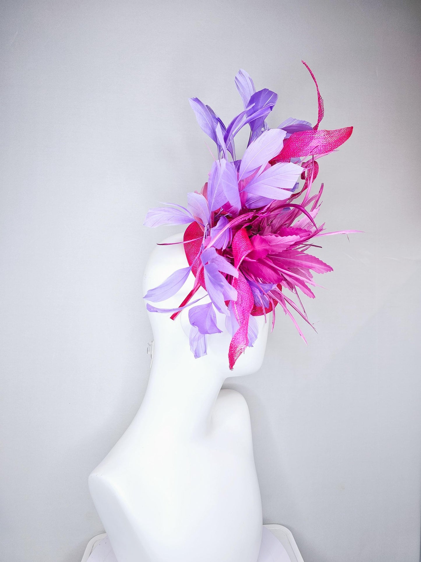 kentucky derby hat fascinator bright hot pink fuchsia feather flower with purple lavender branching feathers on a hot pink sinamay w/ curls