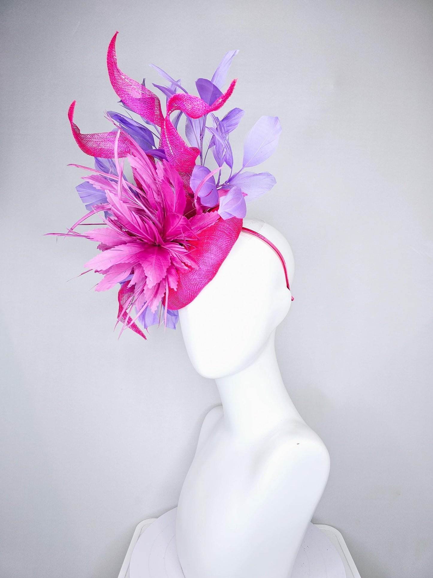 kentucky derby hat fascinator bright hot pink fuchsia feather flower with purple lavender branching feathers on a hot pink sinamay w/ curls