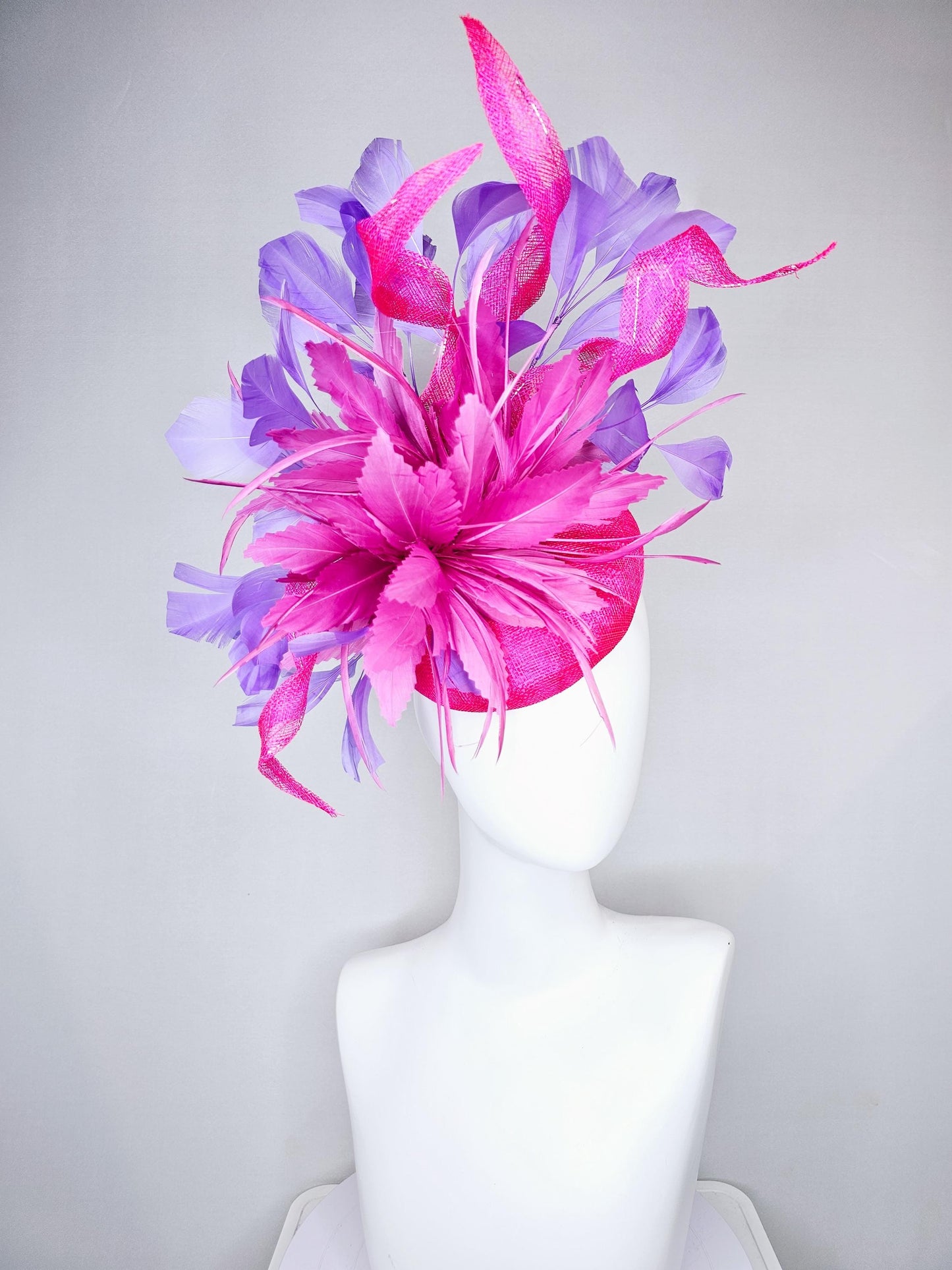 kentucky derby hat fascinator bright hot pink fuchsia feather flower with purple lavender branching feathers on a hot pink sinamay w/ curls