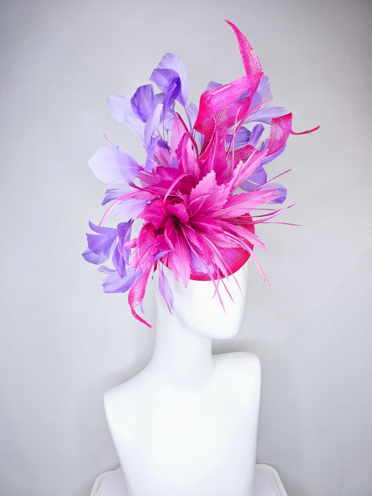 kentucky derby hat fascinator bright hot pink fuchsia feather flower with purple lavender branching feathers on a hot pink sinamay w/ curls