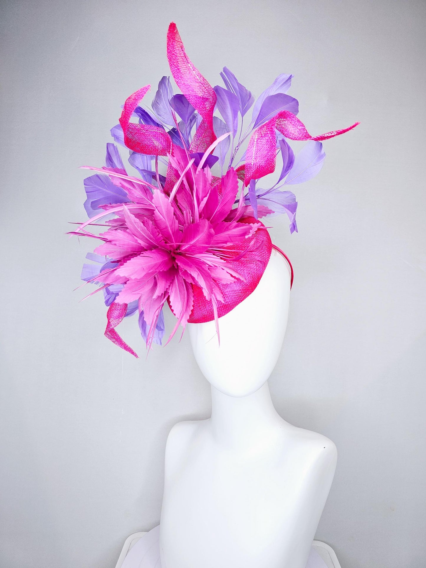 kentucky derby hat fascinator bright hot pink fuchsia feather flower with purple lavender branching feathers on a hot pink sinamay w/ curls