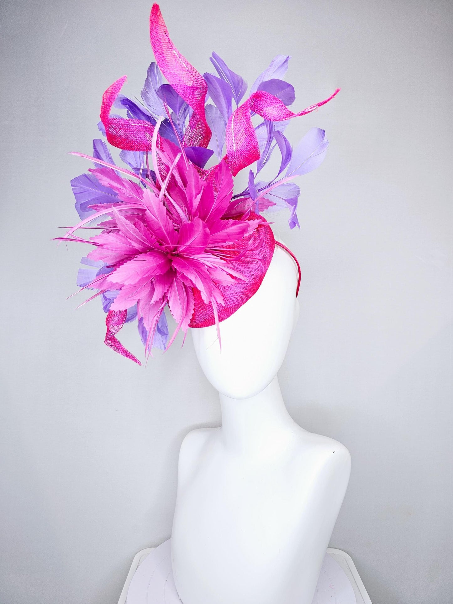 kentucky derby hat fascinator bright hot pink fuchsia feather flower with purple lavender branching feathers on a hot pink sinamay w/ curls