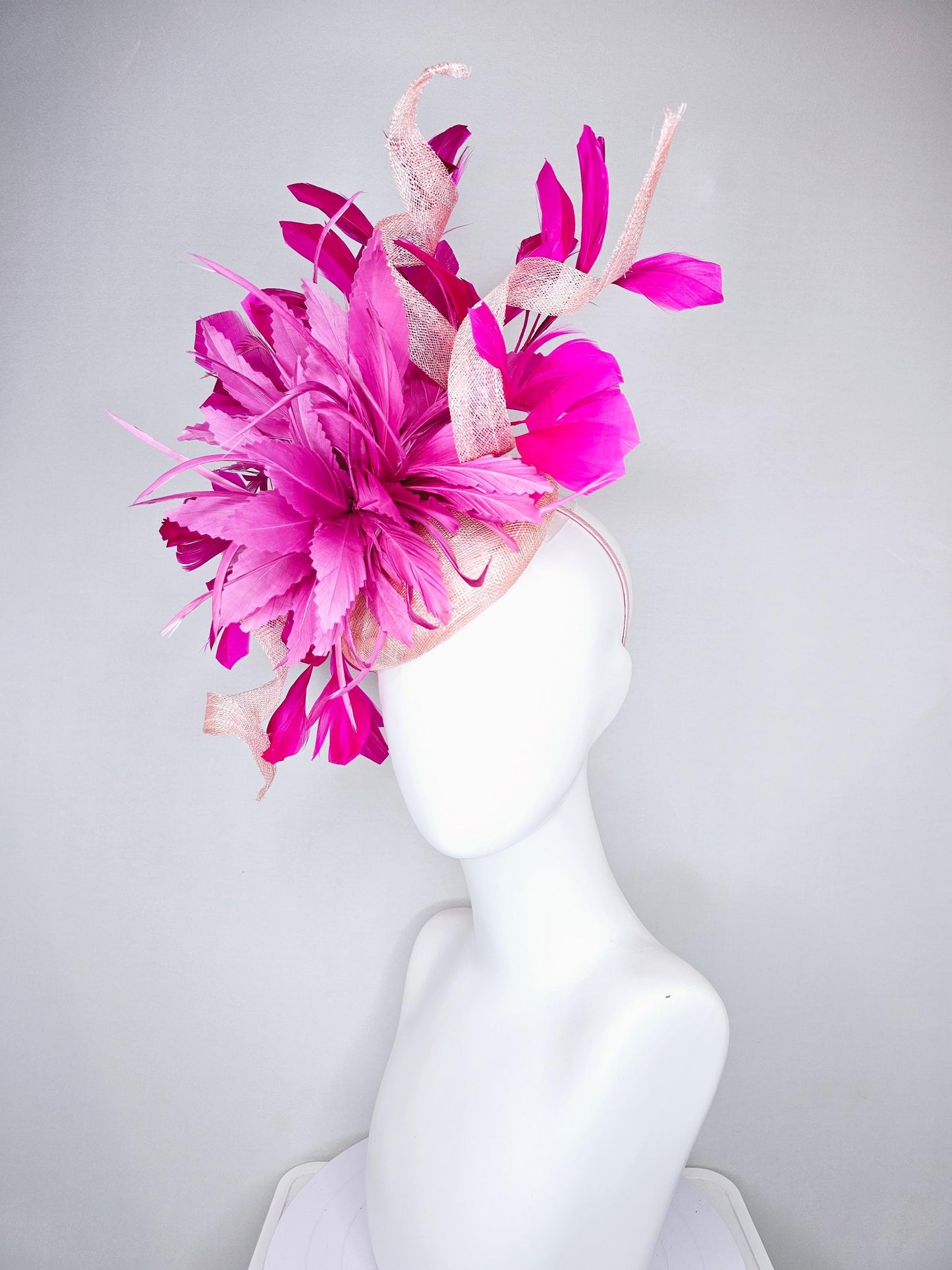 kentucky derby hat fascinator blush light pink sinamay with large curls, hot bright pink,fuchsia branching feathers and pink feather flower