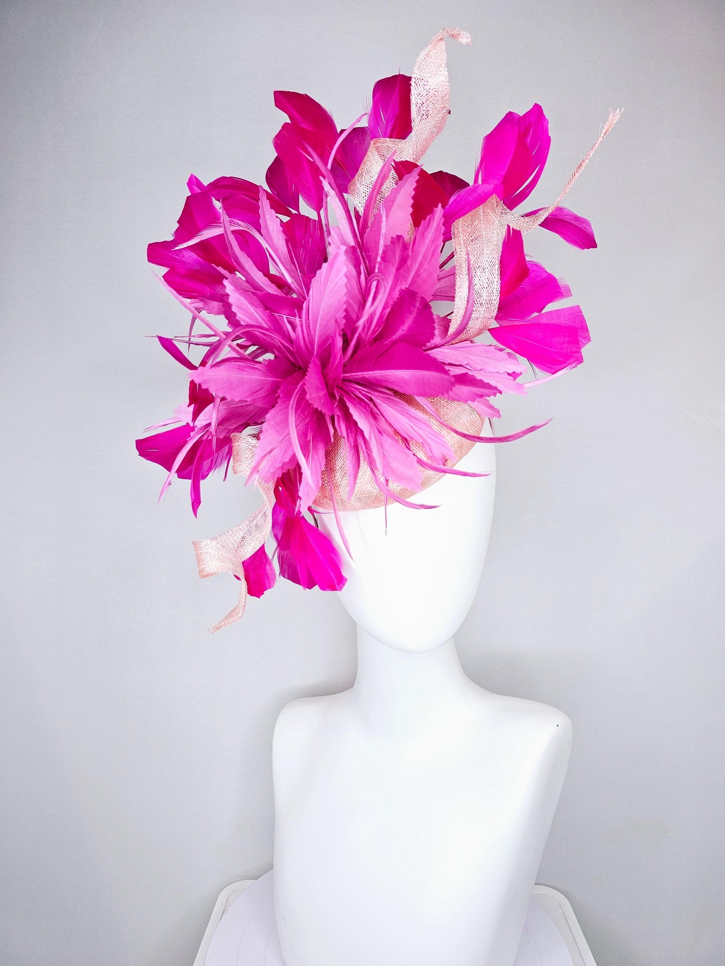 kentucky derby hat fascinator blush light pink sinamay with large curls, hot bright pink,fuchsia branching feathers and pink feather flower