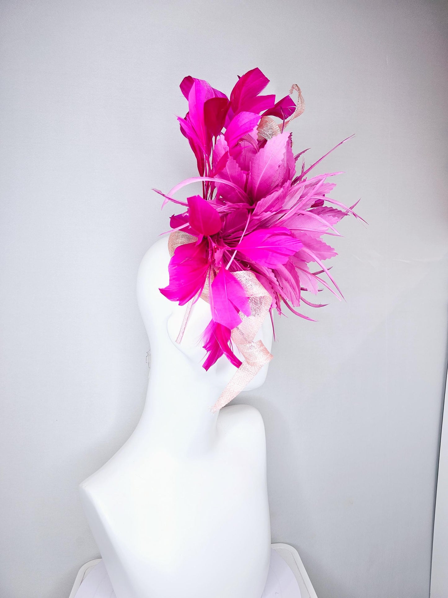 kentucky derby hat fascinator blush light pink sinamay with large curls, hot bright pink,fuchsia branching feathers and pink feather flower