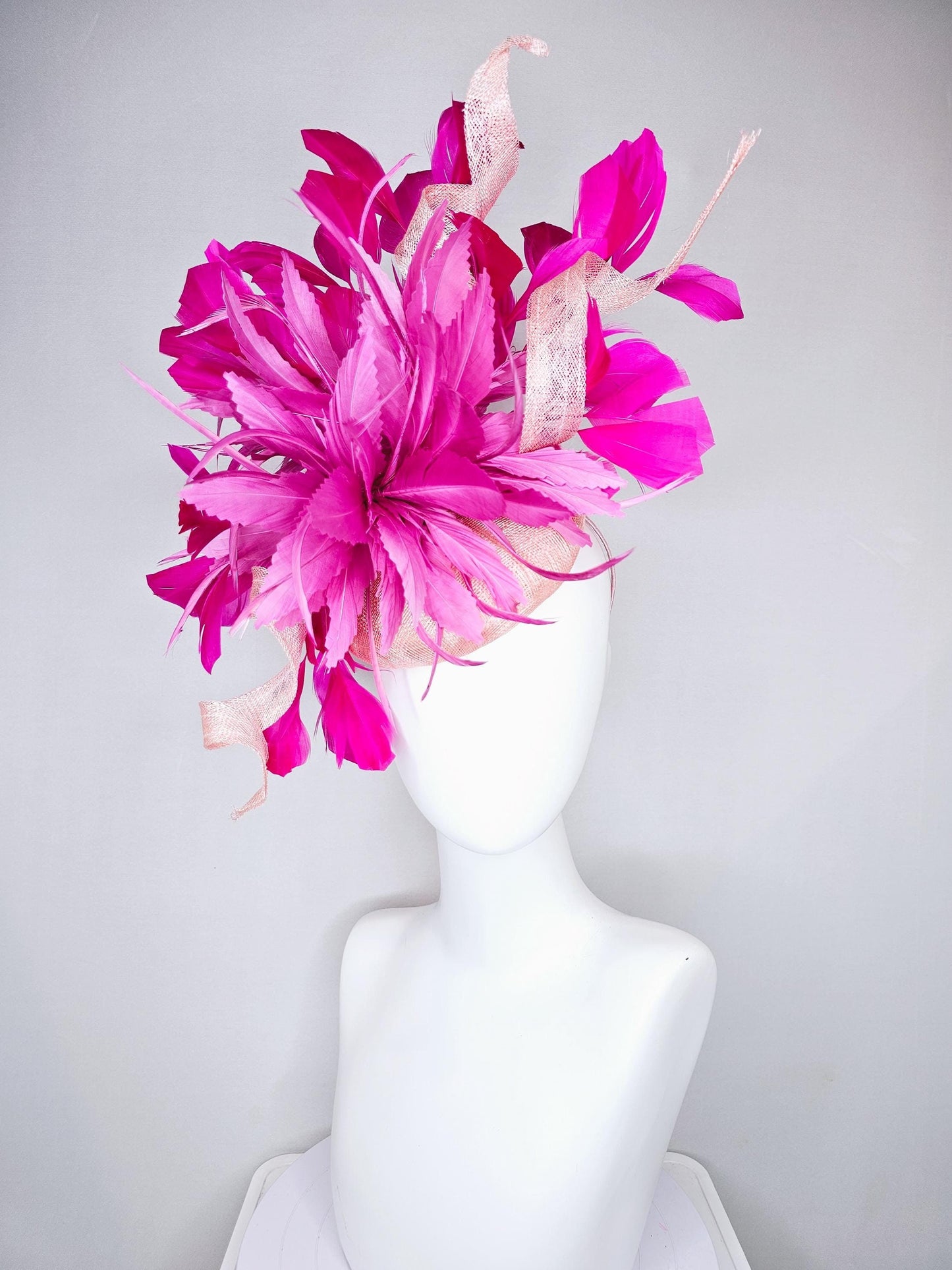 kentucky derby hat fascinator blush light pink sinamay with large curls, hot bright pink,fuchsia branching feathers and pink feather flower