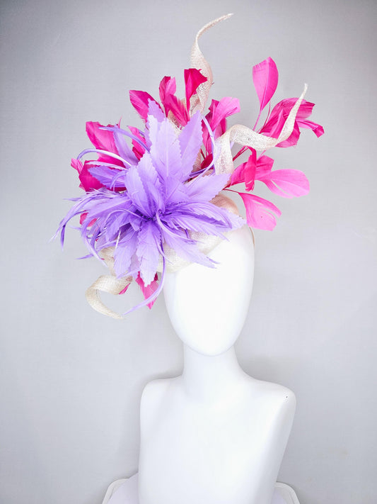 kentucky derby hat fascinator ivory white sinamay with large curls,lavender purple feather flower and bright pink branching feathers