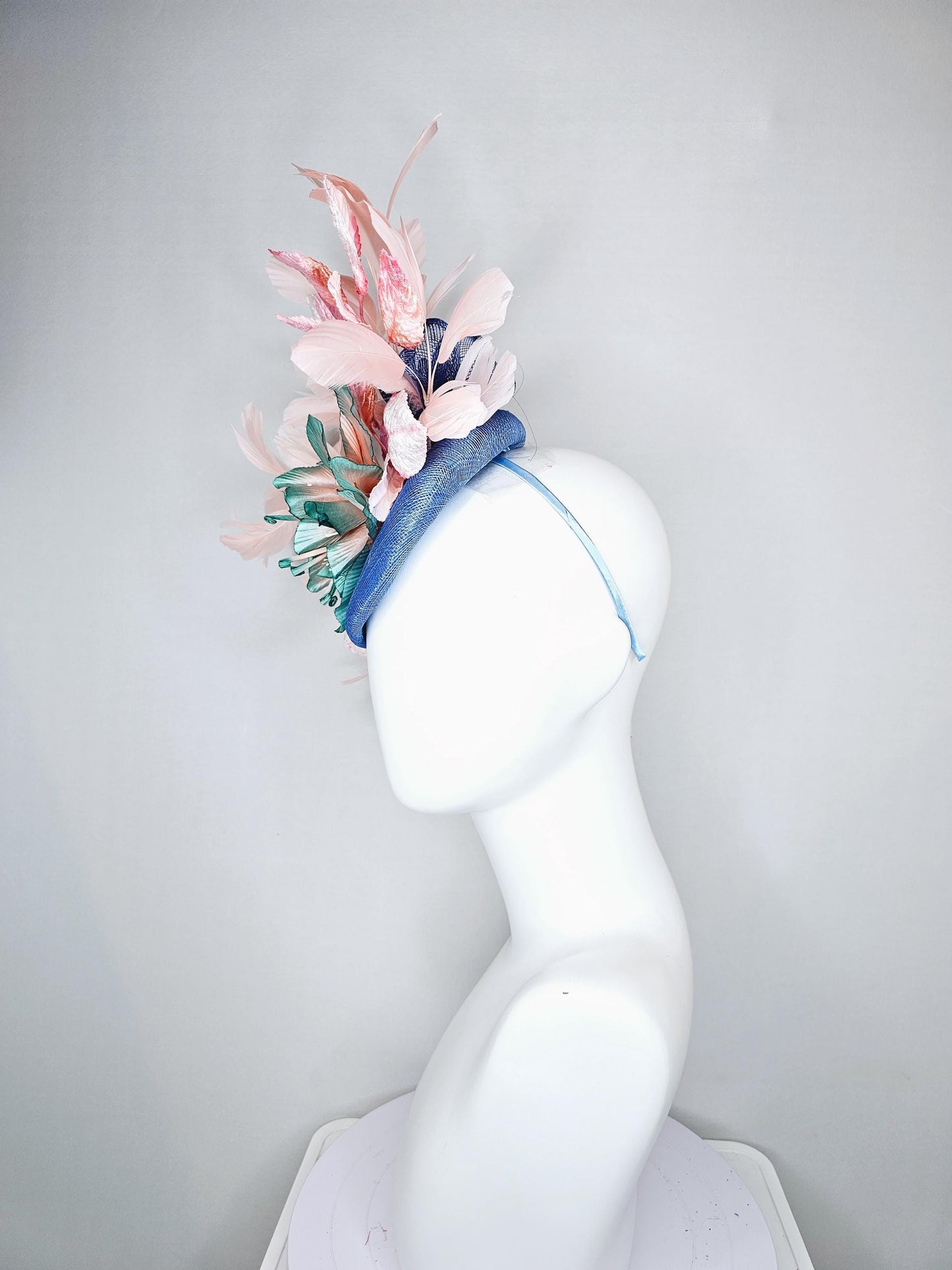 kentucky derby hat fascinator blue sinamay and ombre teal blue green satin silk flower, light pink branching feathers,pink velvet leaves