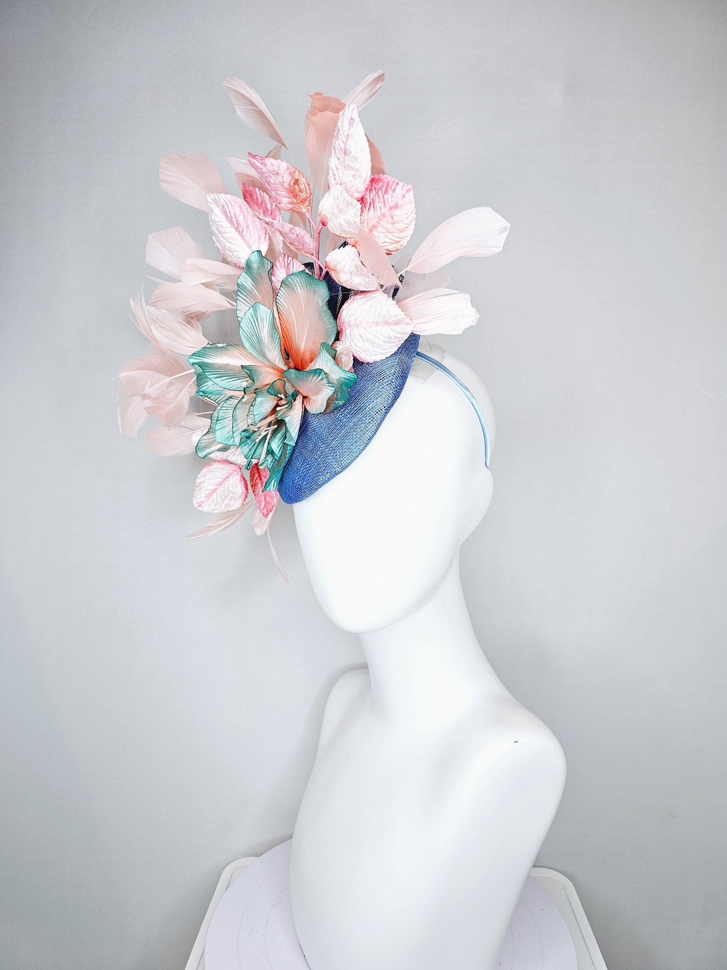 kentucky derby hat fascinator blue sinamay and ombre teal blue green satin silk flower, light pink branching feathers,pink velvet leaves