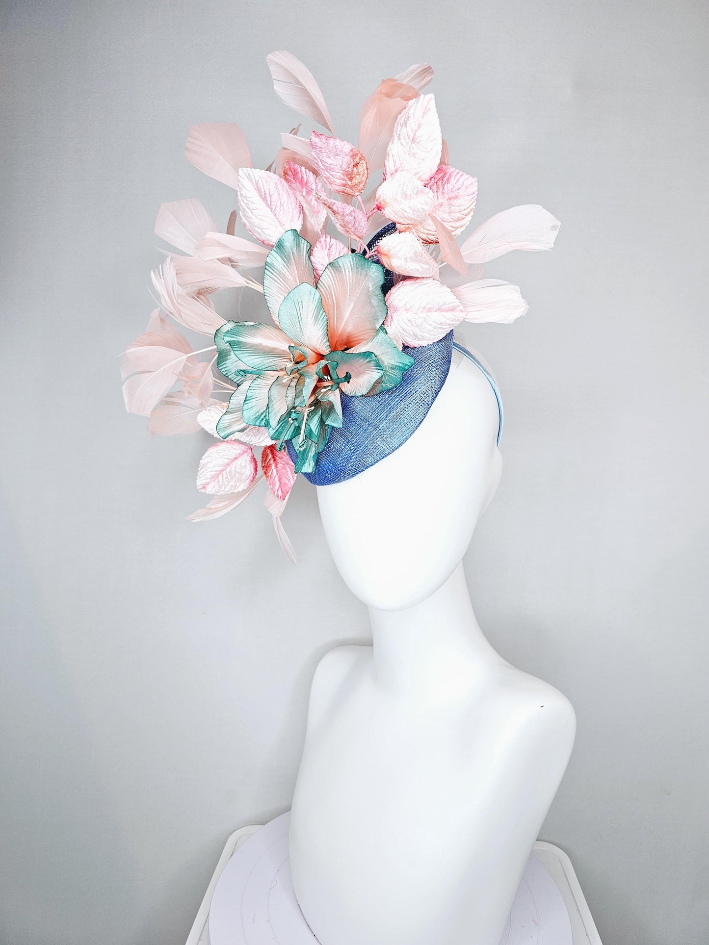 kentucky derby hat fascinator blue sinamay and ombre teal blue green satin silk flower, light pink branching feathers,pink velvet leaves