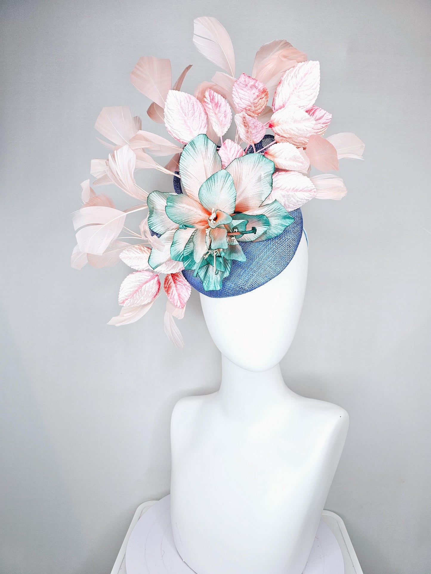 kentucky derby hat fascinator blue sinamay and ombre teal blue green satin silk flower, light pink branching feathers,pink velvet leaves