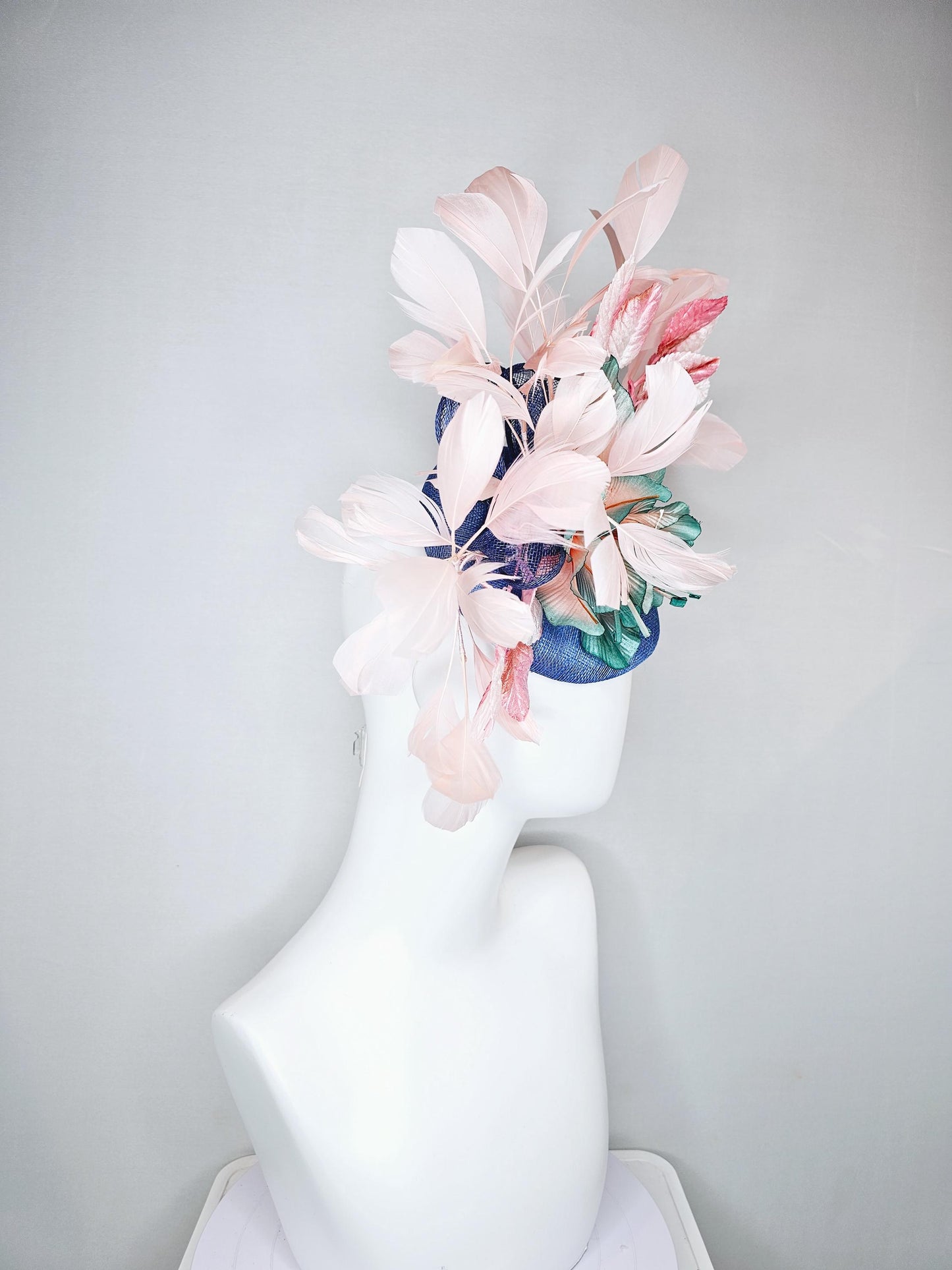 kentucky derby hat fascinator blue sinamay and ombre teal blue green satin silk flower, light pink branching feathers,pink velvet leaves