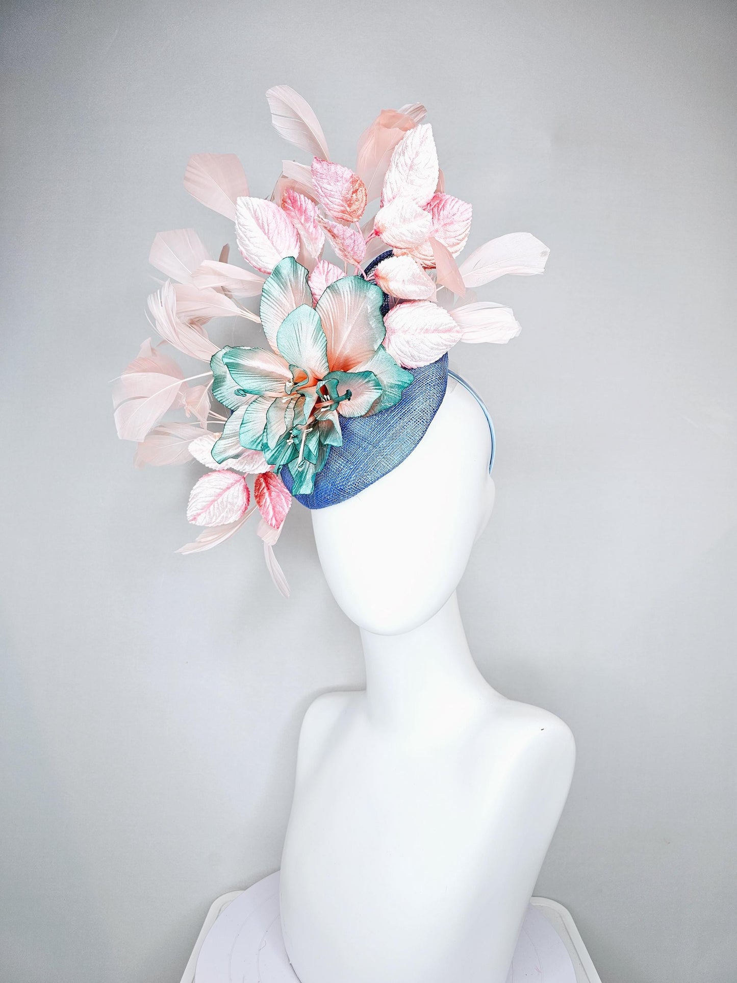 kentucky derby hat fascinator blue sinamay and ombre teal blue green satin silk flower, light pink branching feathers,pink velvet leaves