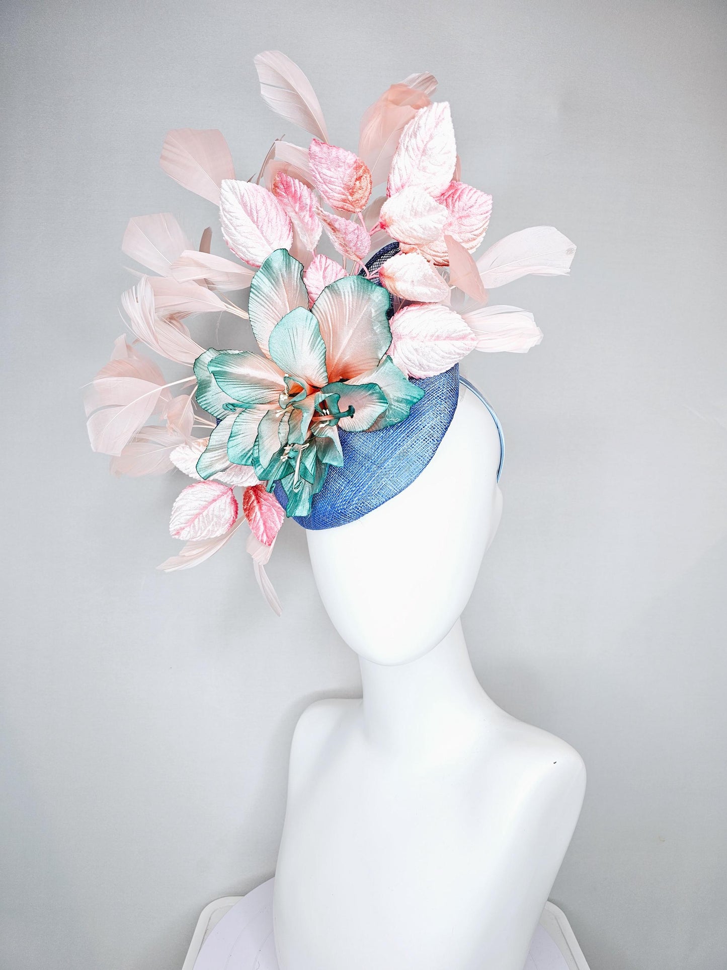 kentucky derby hat fascinator blue sinamay and ombre teal blue green satin silk flower, light pink branching feathers,pink velvet leaves