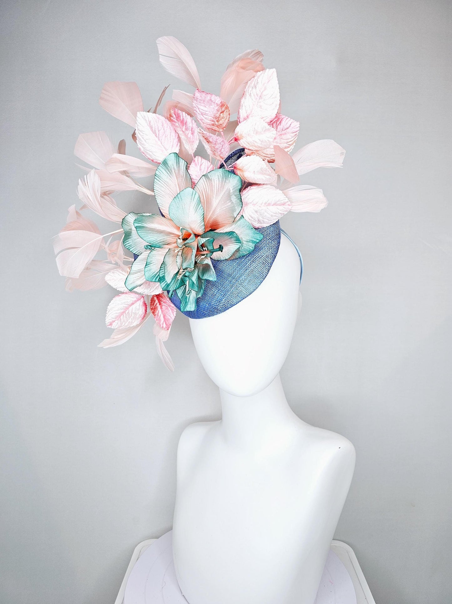 kentucky derby hat fascinator blue sinamay and ombre teal blue green satin silk flower, light pink branching feathers,pink velvet leaves