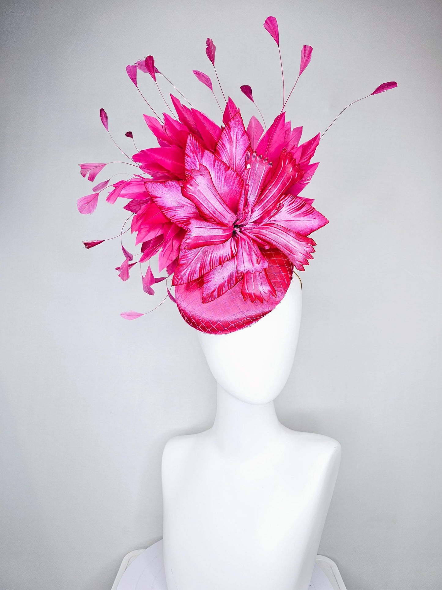 kentucky derby hat fascinator fuchsia hot pink satin with netting, ombre hot pink satin silk flower and hot pink branching feathers