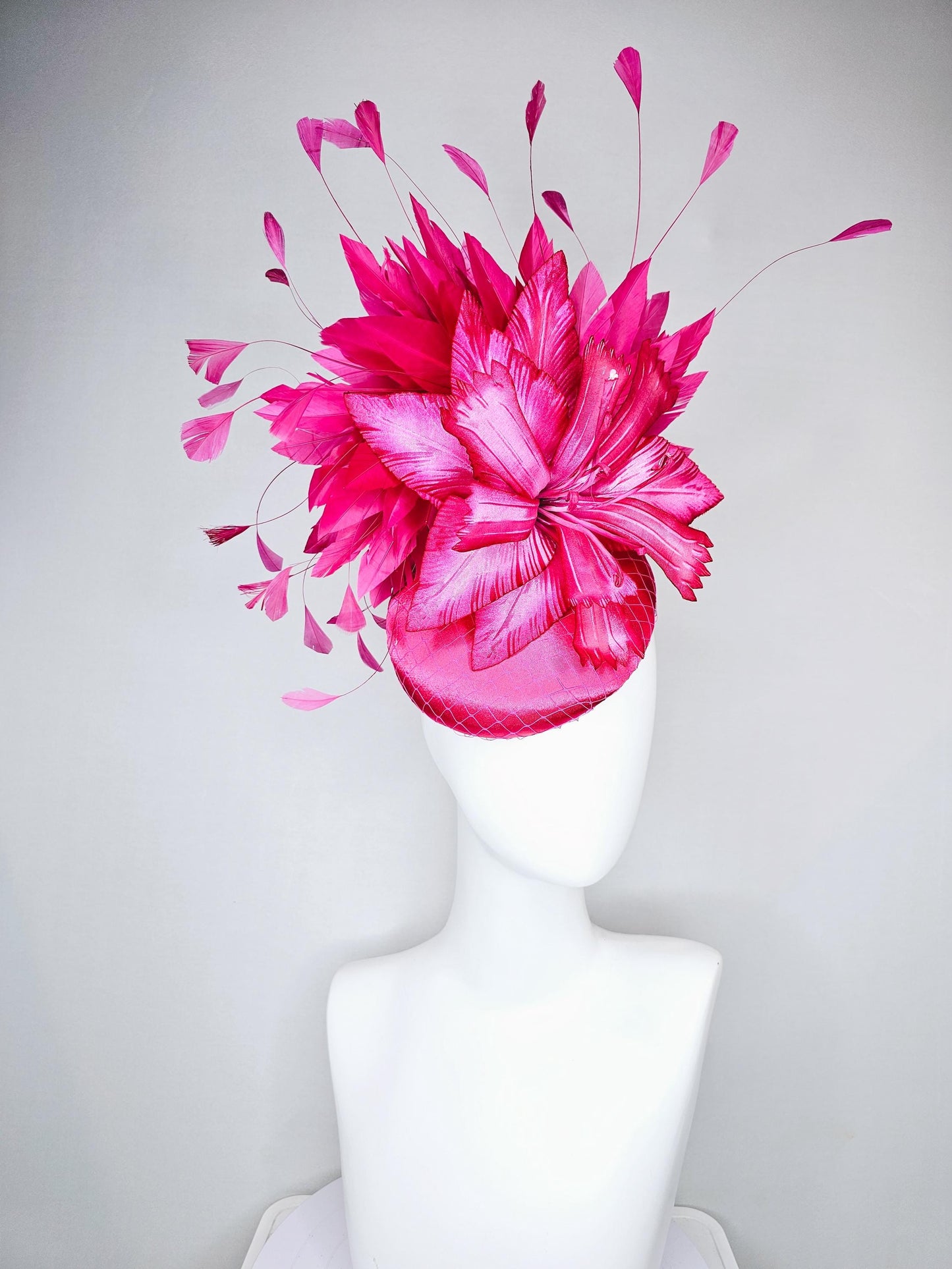 kentucky derby hat fascinator fuchsia hot pink satin with netting, ombre hot pink satin silk flower and hot pink branching feathers