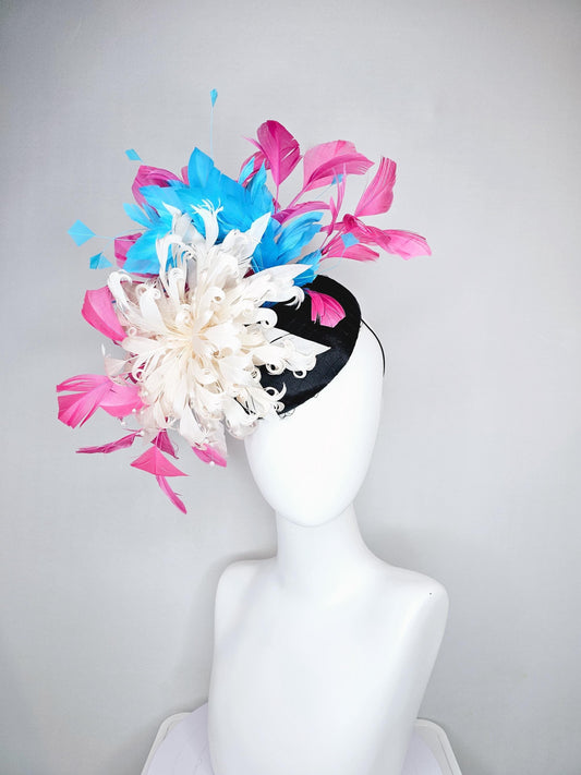 kentucky derby hat fascinator black satin with netting,ivory white curly feather flower w/ pearl strings,blue and pink branching feathers