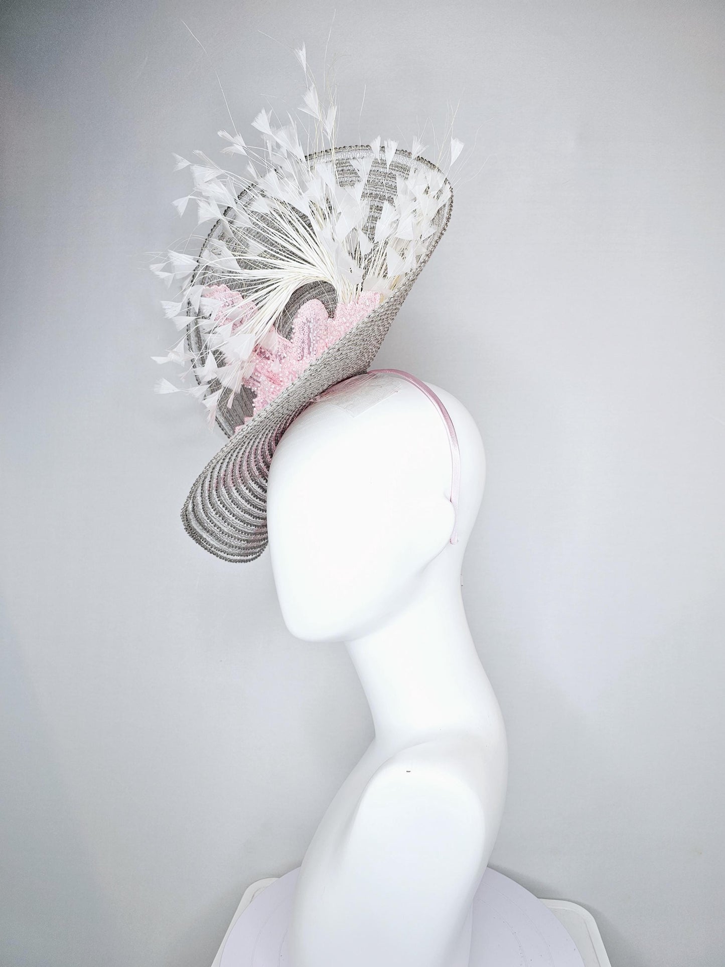 kentucky derby hat large silver,gray straw saucer with light pink sequined embroidered floral and ivory white branching feathers