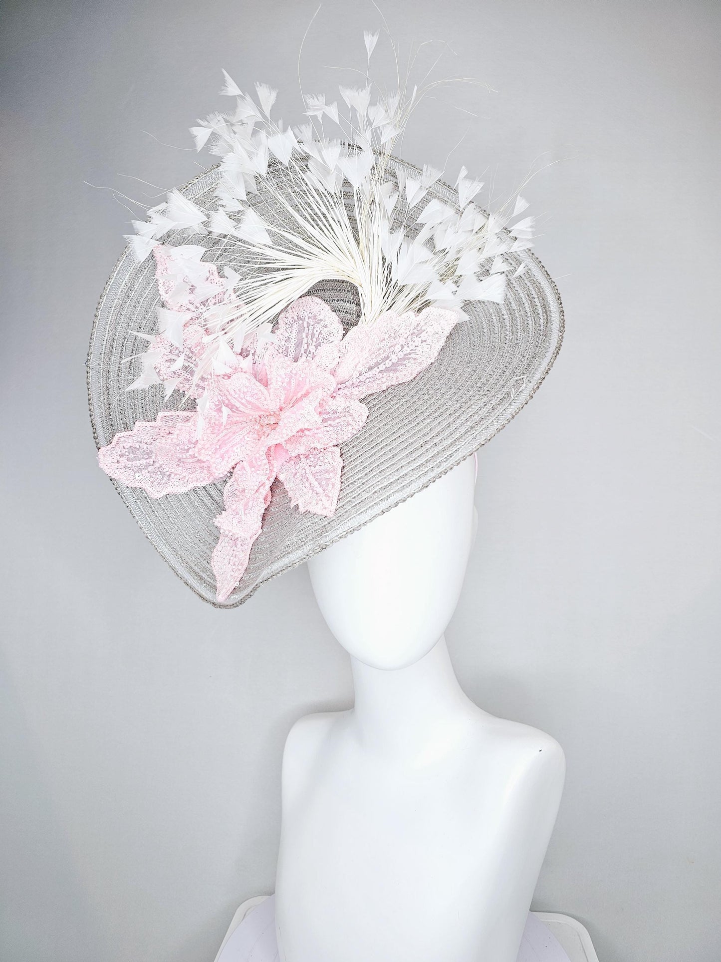 kentucky derby hat large silver,gray straw saucer with light pink sequined embroidered floral and ivory white branching feathers