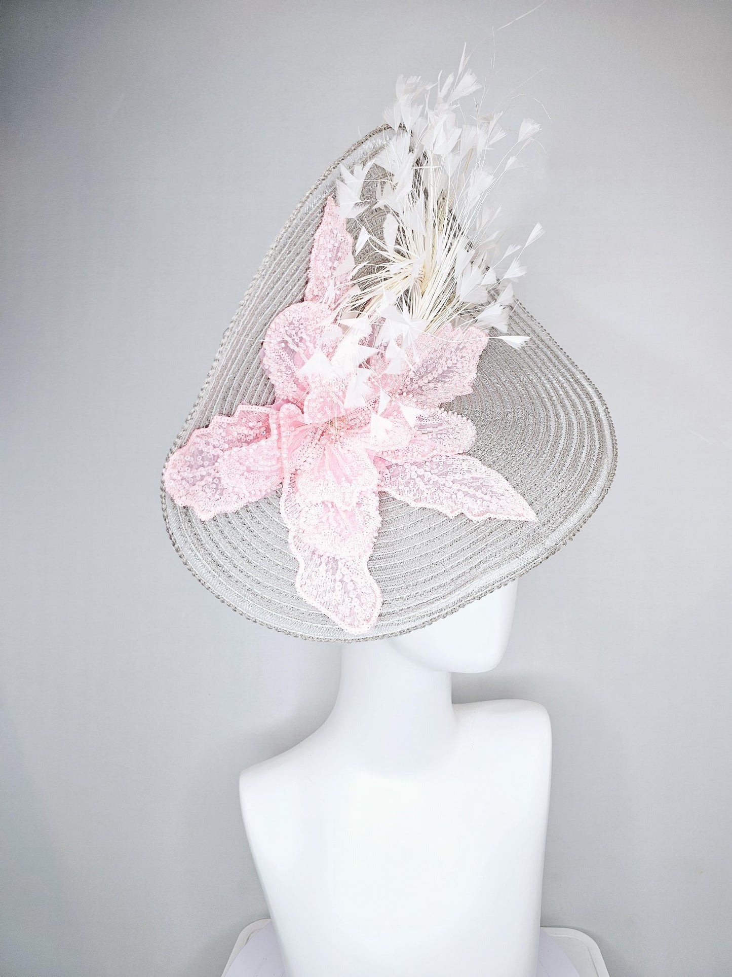 kentucky derby hat large silver,gray straw saucer with light pink sequined embroidered floral and ivory white branching feathers