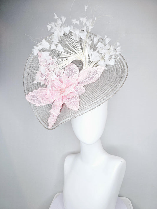 kentucky derby hat large silver,gray straw saucer with light pink sequined embroidered floral and ivory white branching feathers