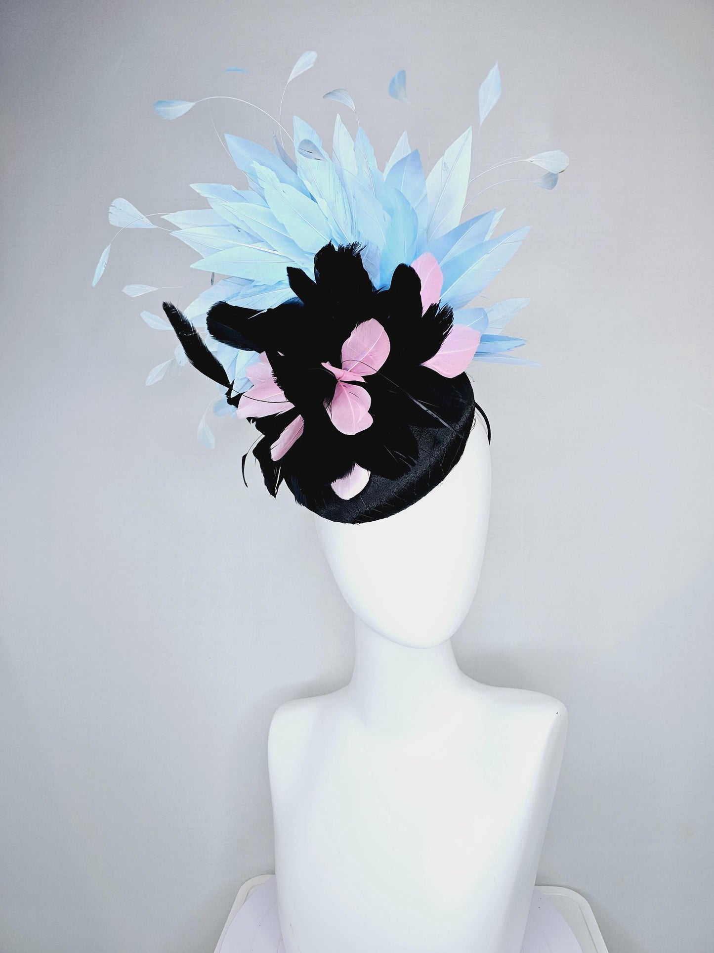 kentucky derby hat fascinator black satin with netting, with black, light pink and sky light blue branching feathers