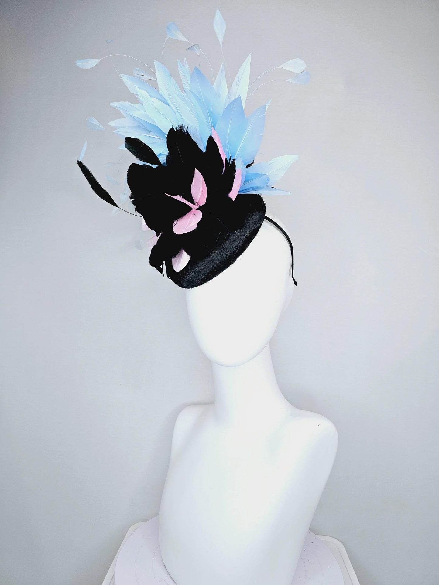 kentucky derby hat fascinator black satin with netting, with black, light pink and sky light blue branching feathers