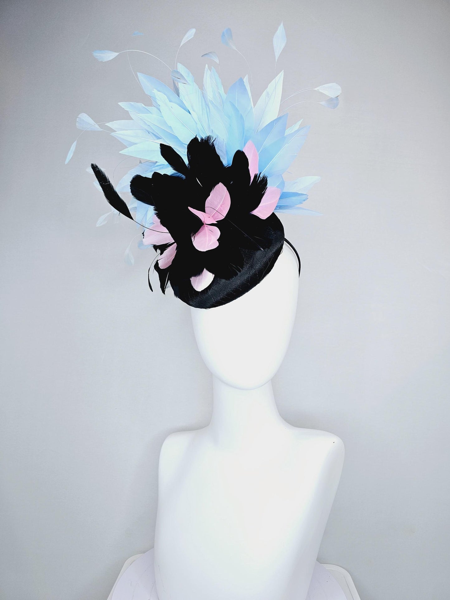 kentucky derby hat fascinator black satin with netting, with black, light pink and sky light blue branching feathers