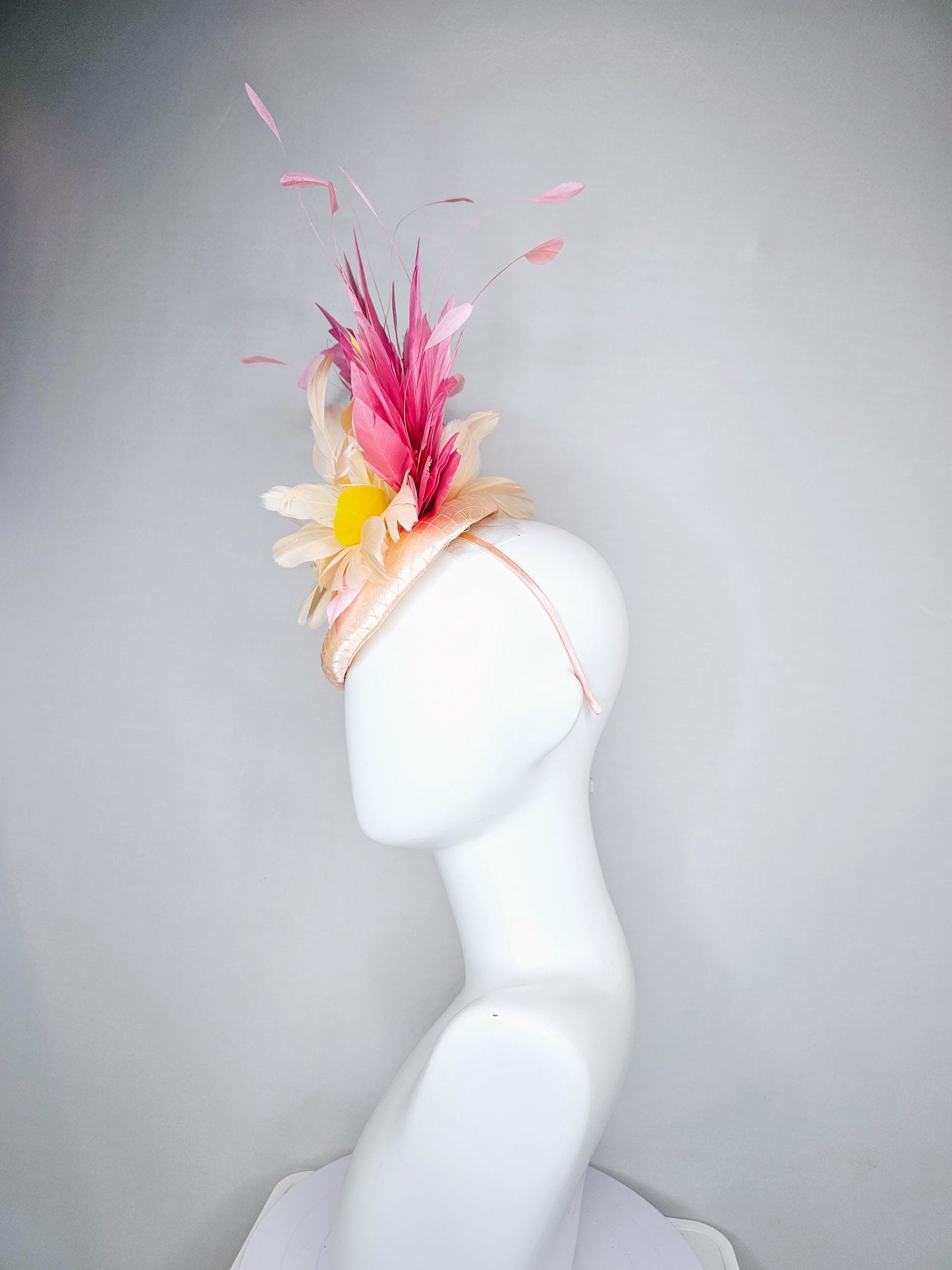 kentucky derby hat fascinator champagne satin with netting,cream neutral and yellow feathers,with light pink branching feathers