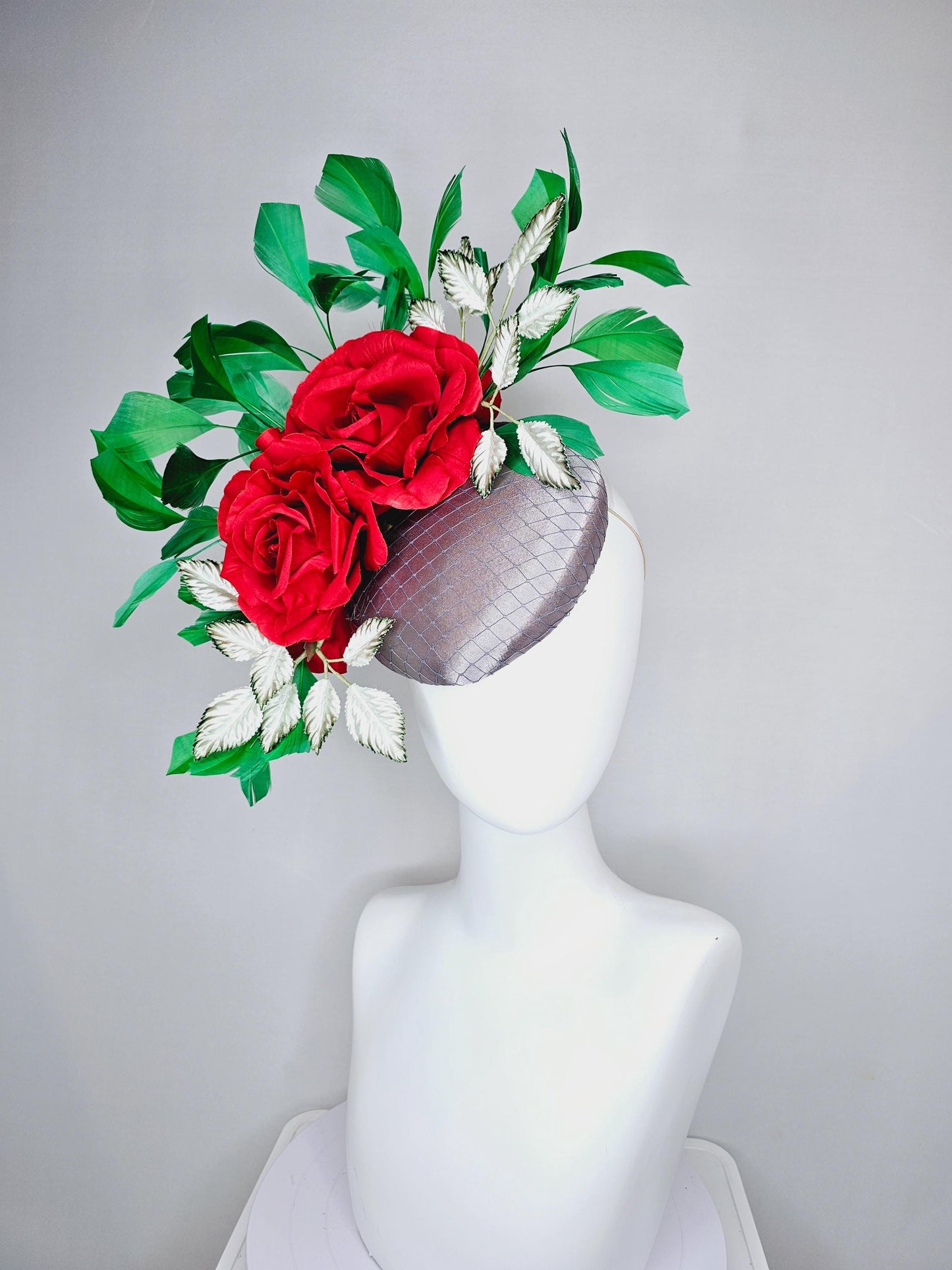 kentucky derby hat fascinator silver gray satin with netting,red silk roses flowers,ombre green leaves and bright green branching feathers