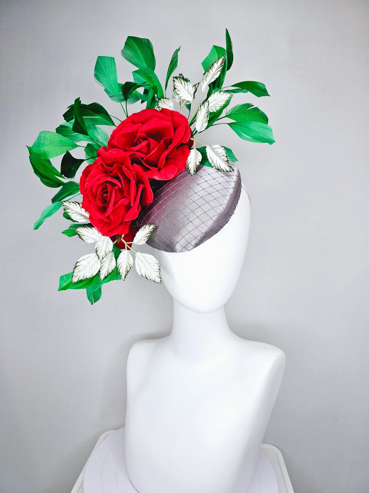 kentucky derby hat fascinator silver gray satin with netting,red silk roses flowers,ombre green leaves and bright green branching feathers