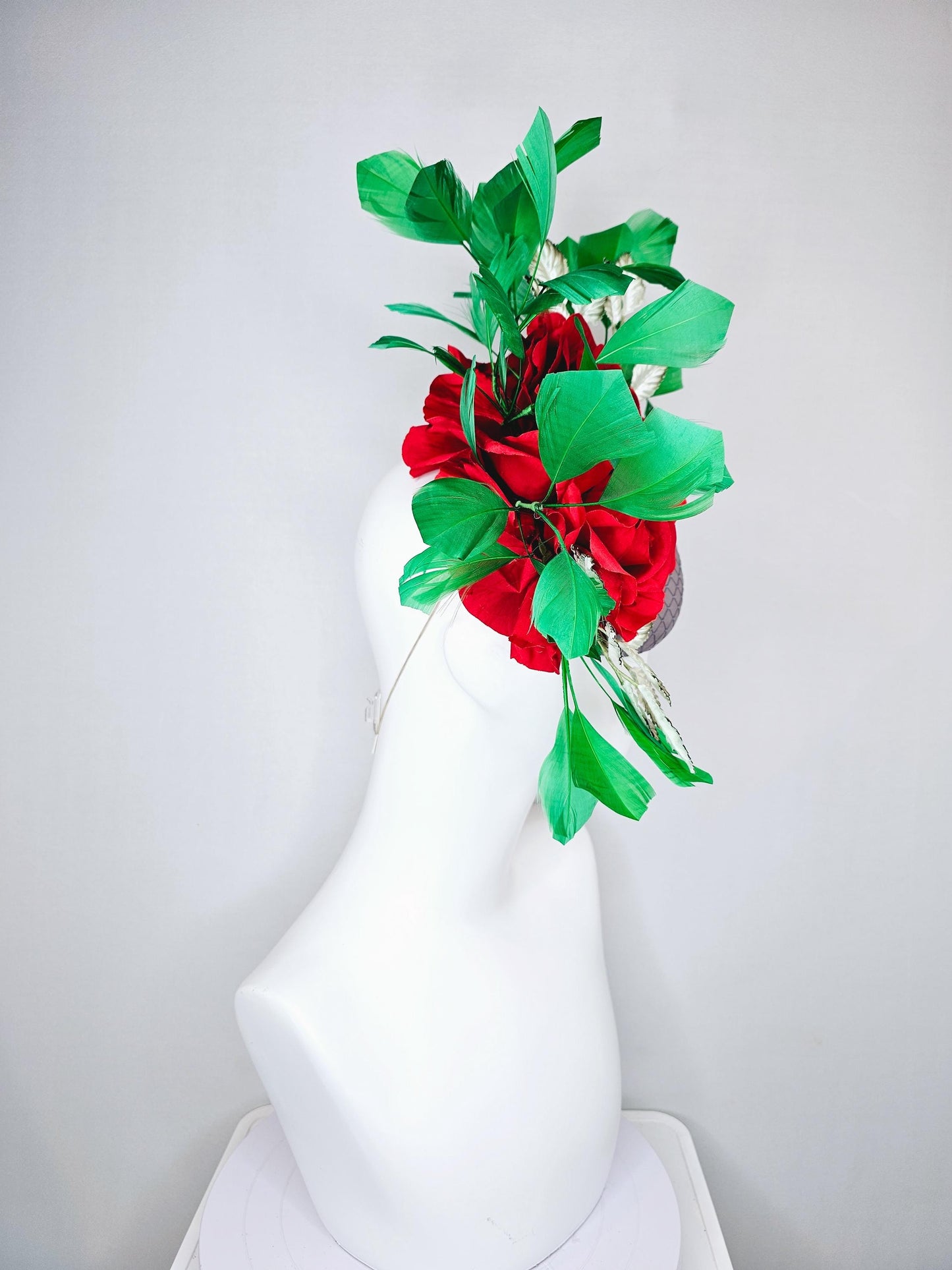 kentucky derby hat fascinator silver gray satin with netting,red silk roses flowers,ombre green leaves and bright green branching feathers