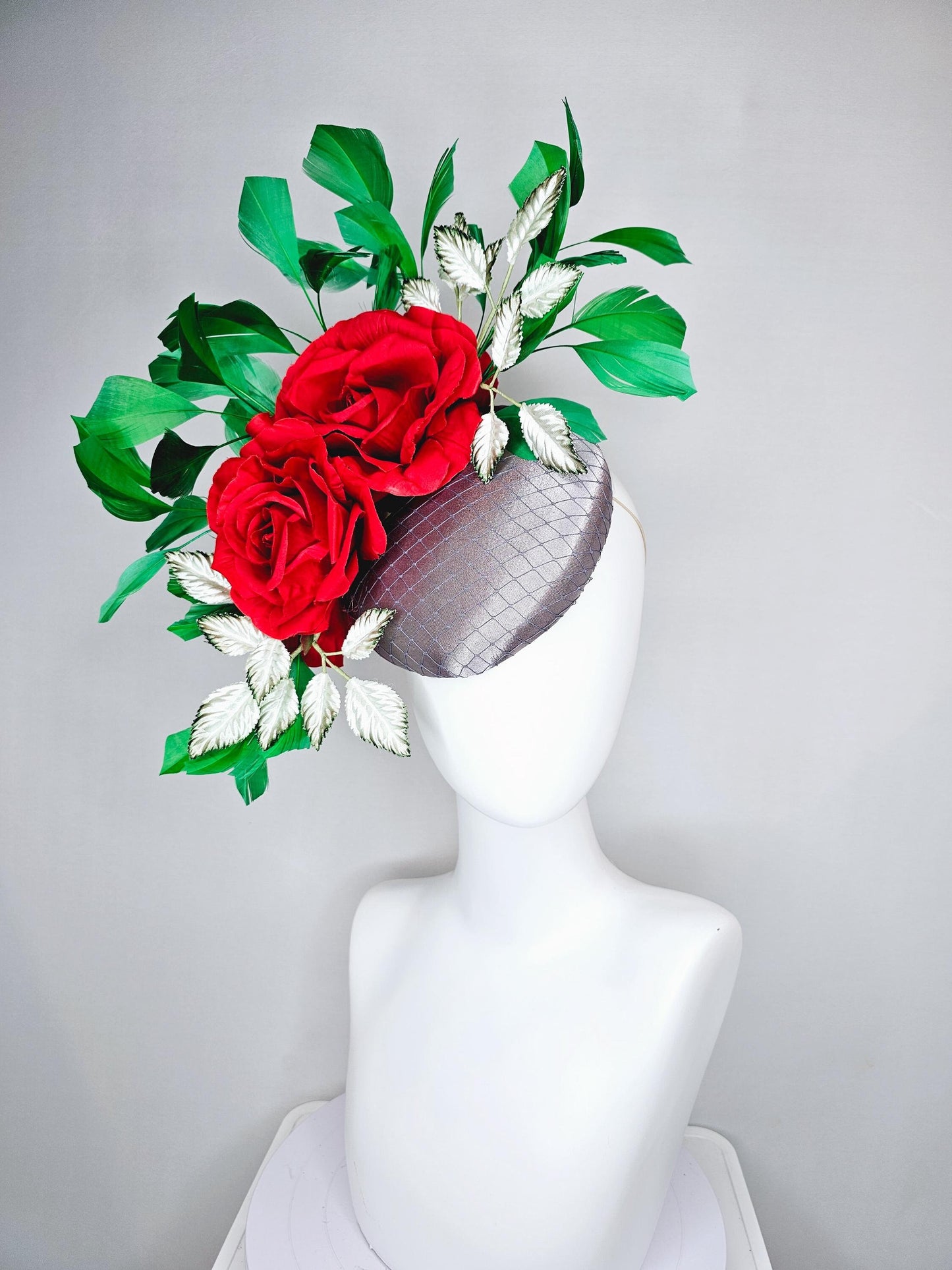 kentucky derby hat fascinator silver gray satin with netting,red silk roses flowers,ombre green leaves and bright green branching feathers