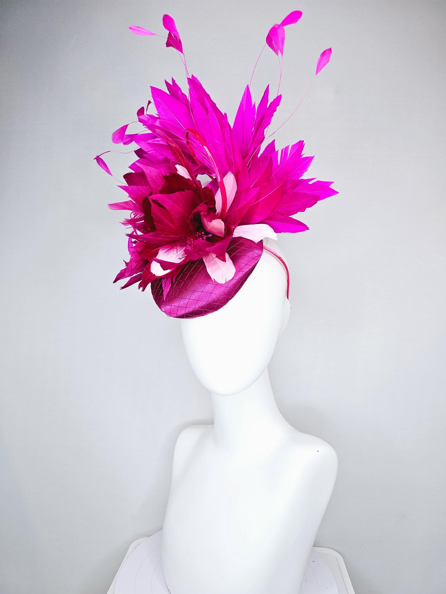 kentucky derby hat fascinator fuchsia hot pink satin with netting, dark and light pink feather flower with fuchsia pink branching feathers