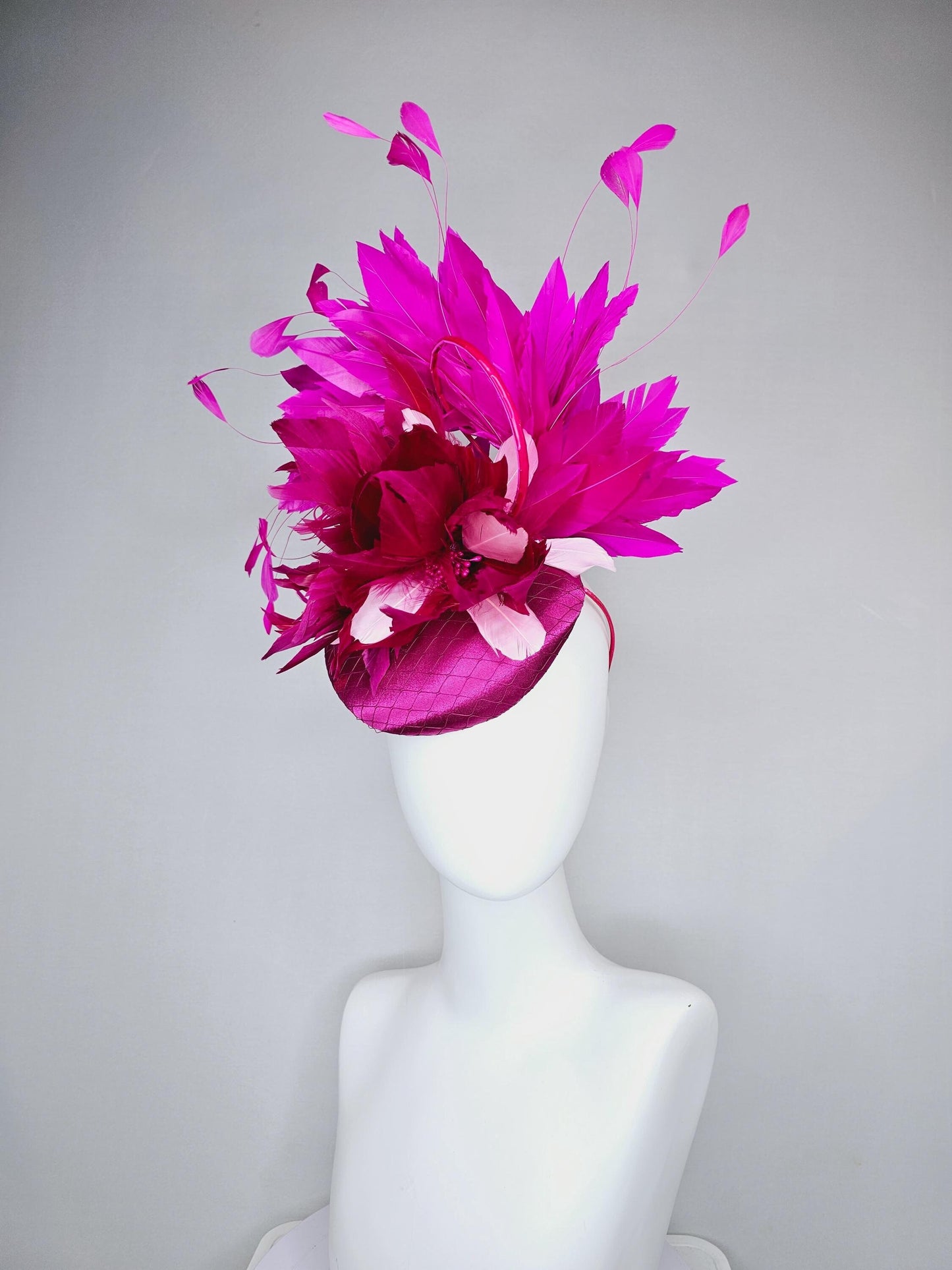 kentucky derby hat fascinator fuchsia hot pink satin with netting, dark and light pink feather flower with fuchsia pink branching feathers