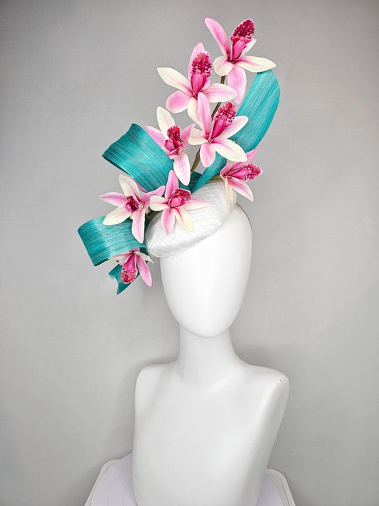 kentucky derby hat fascinator white satin with netting,with branching ombre pink orchids and turquoise blue silk