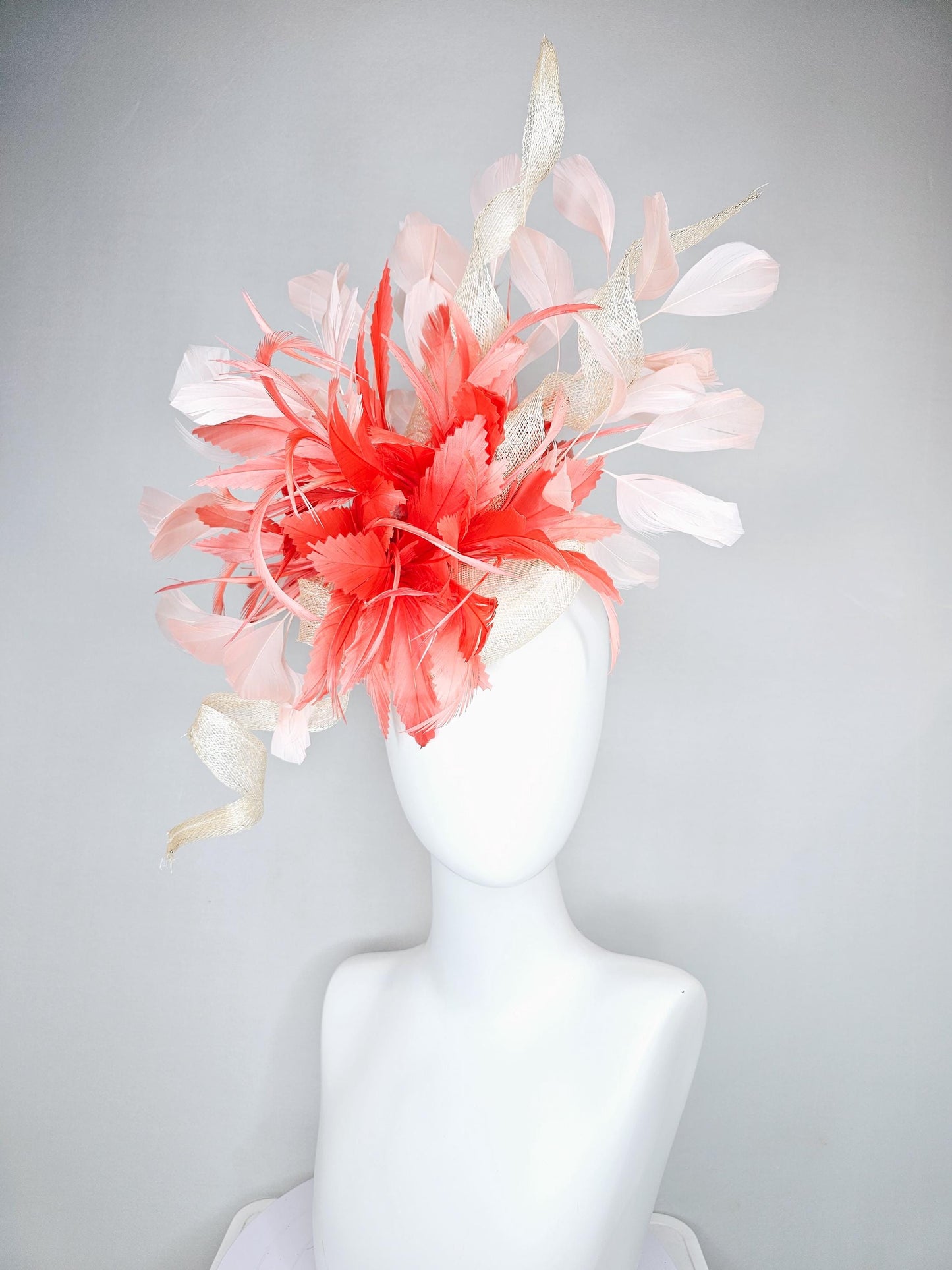 kentucky derby hat fascinator ivory white sinamay with curls,and coral feather flower with light pink branching feathers