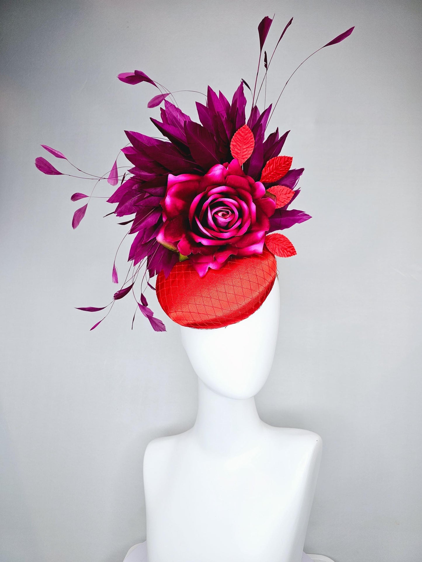 kentucky derby hat fascinator bright red satin with netting,ombre fuchsia pink silk flower with deep purple branching feathers