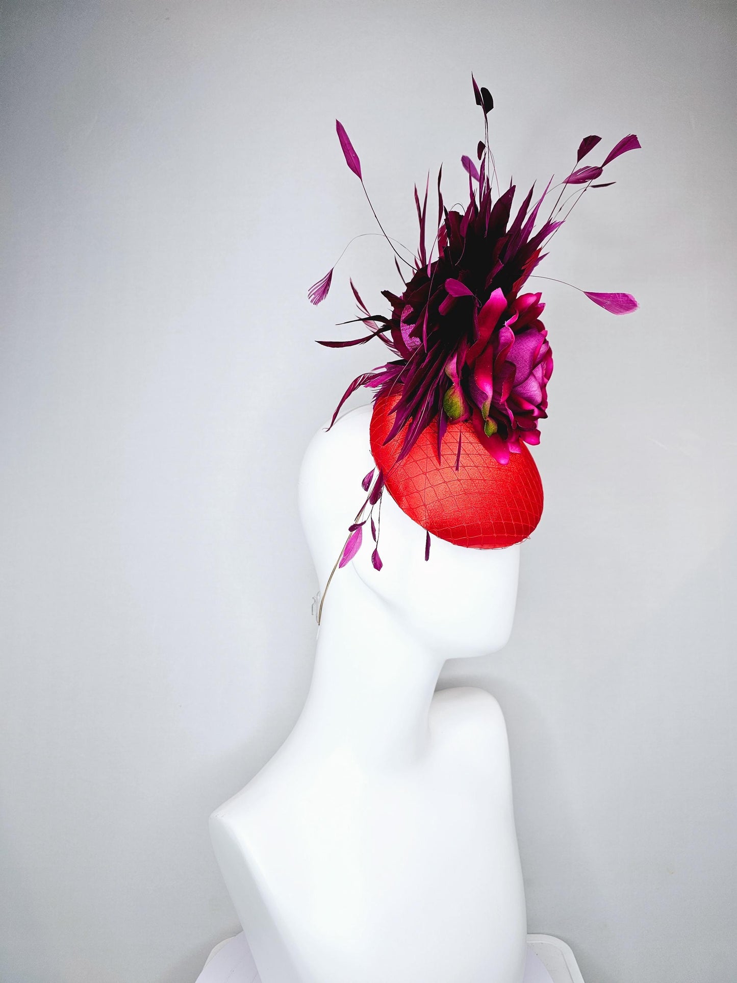 kentucky derby hat fascinator bright red satin with netting,ombre fuchsia pink silk flower with deep purple branching feathers