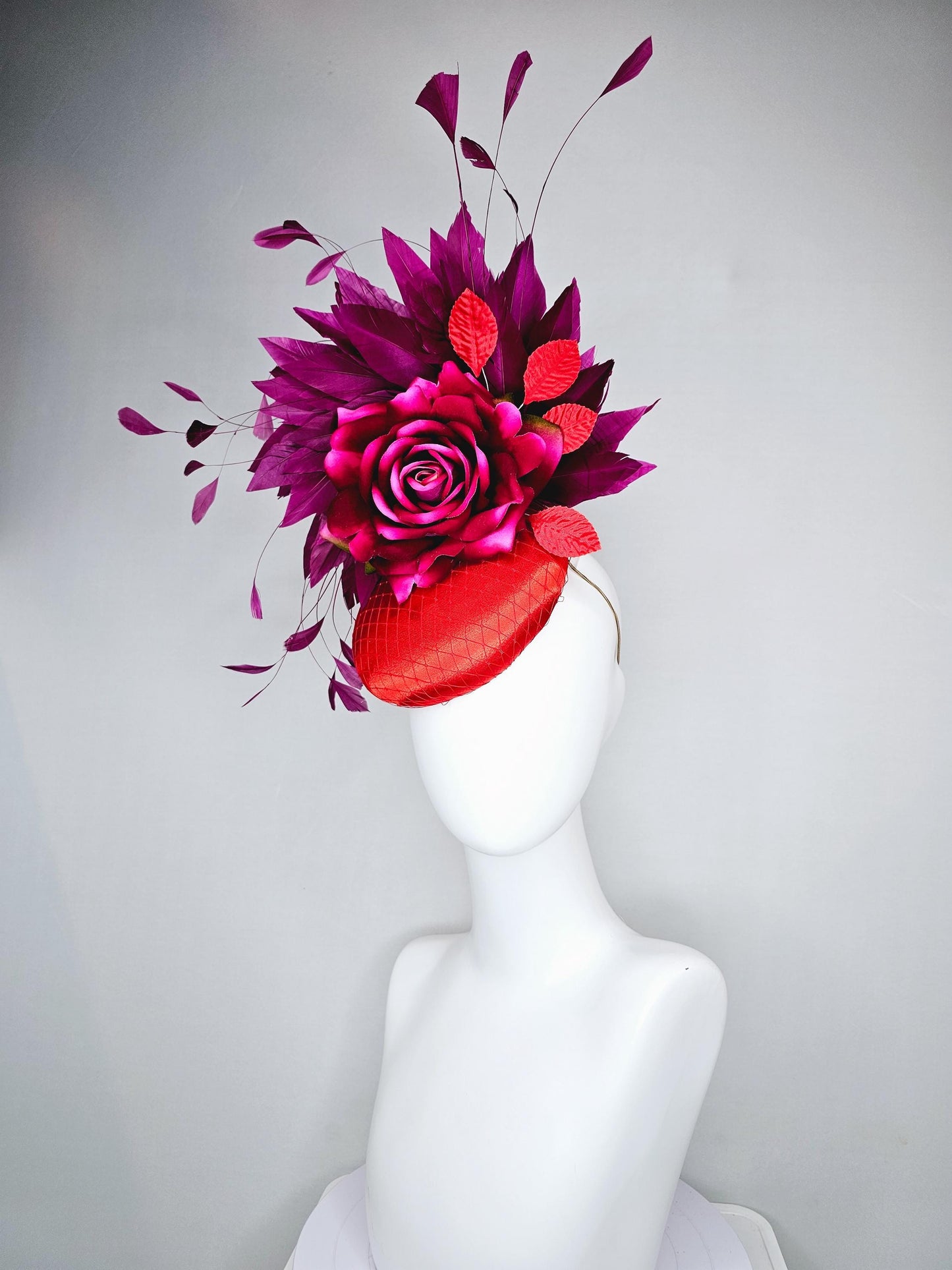 kentucky derby hat fascinator bright red satin with netting,ombre fuchsia pink silk flower with deep purple branching feathers