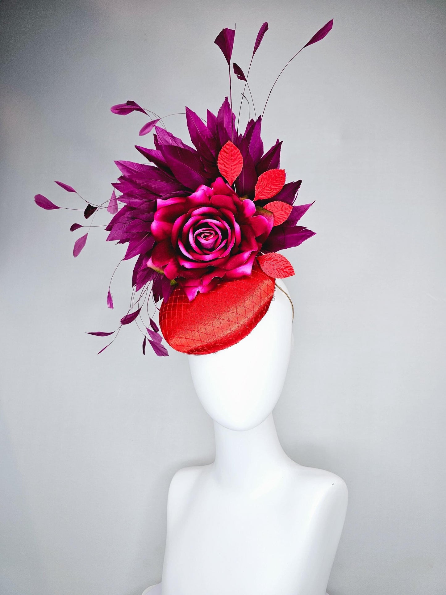 kentucky derby hat fascinator bright red satin with netting,ombre fuchsia pink silk flower with deep purple branching feathers