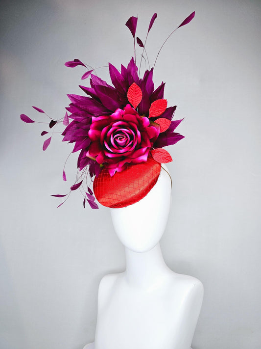 kentucky derby hat fascinator bright red satin with netting,ombre fuchsia pink silk flower with deep purple branching feathers