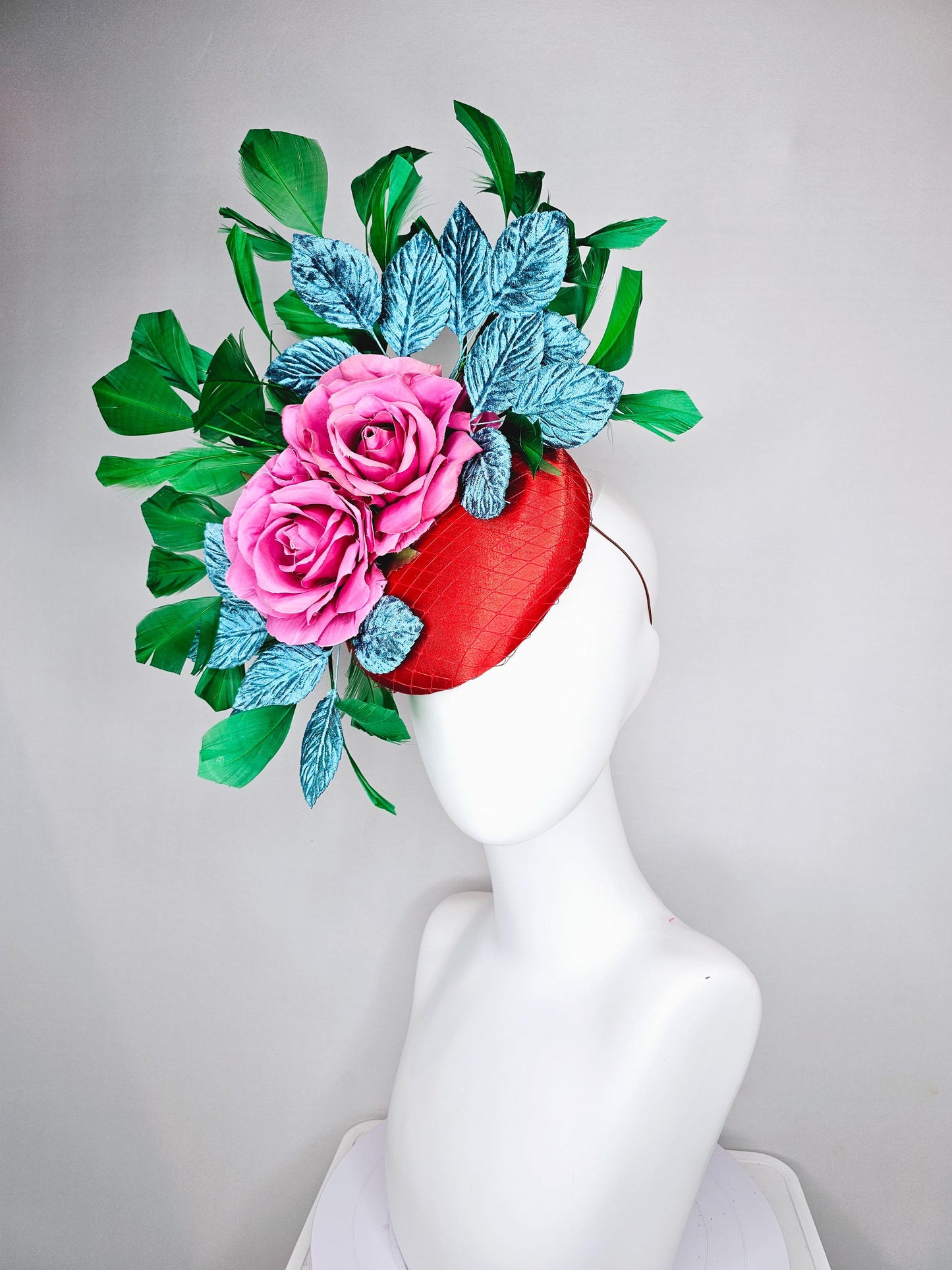 kentucky derby hat fascinator bright red satin with netting,pink satin roses,turquoise blue velvet leaves,emerald green branching feathers