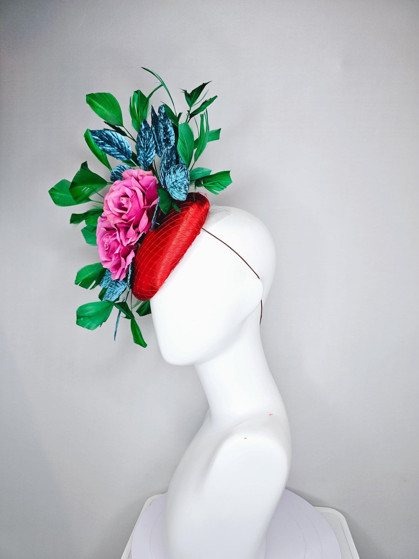 kentucky derby hat fascinator bright red satin with netting,pink satin roses,turquoise blue velvet leaves,emerald green branching feathers