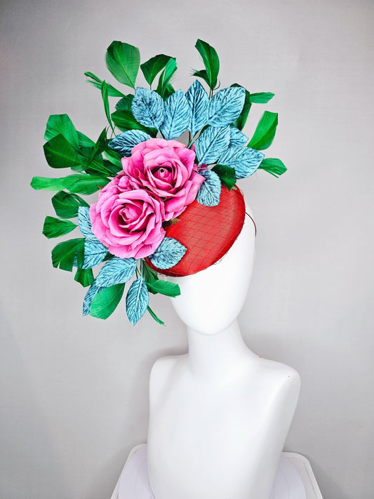 kentucky derby hat fascinator bright red satin with netting,pink satin roses,turquoise blue velvet leaves,emerald green branching feathers