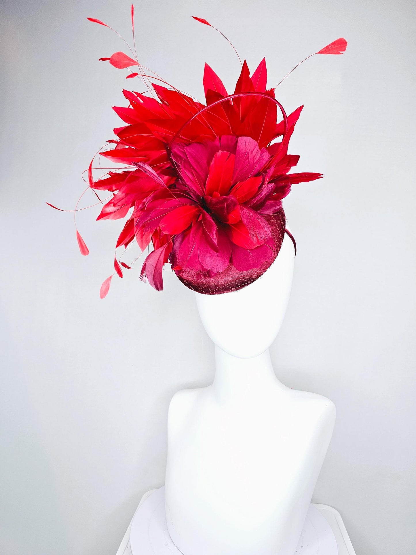 kentucky derby hat fascinator wine red burgundy satin with netting and branching bright scarlet red feathers and burgundy branching feathers