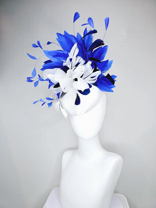 kentucky derby hat fascinator white satin with netting,with midnight navy blue,white and royal blue branching feathers
