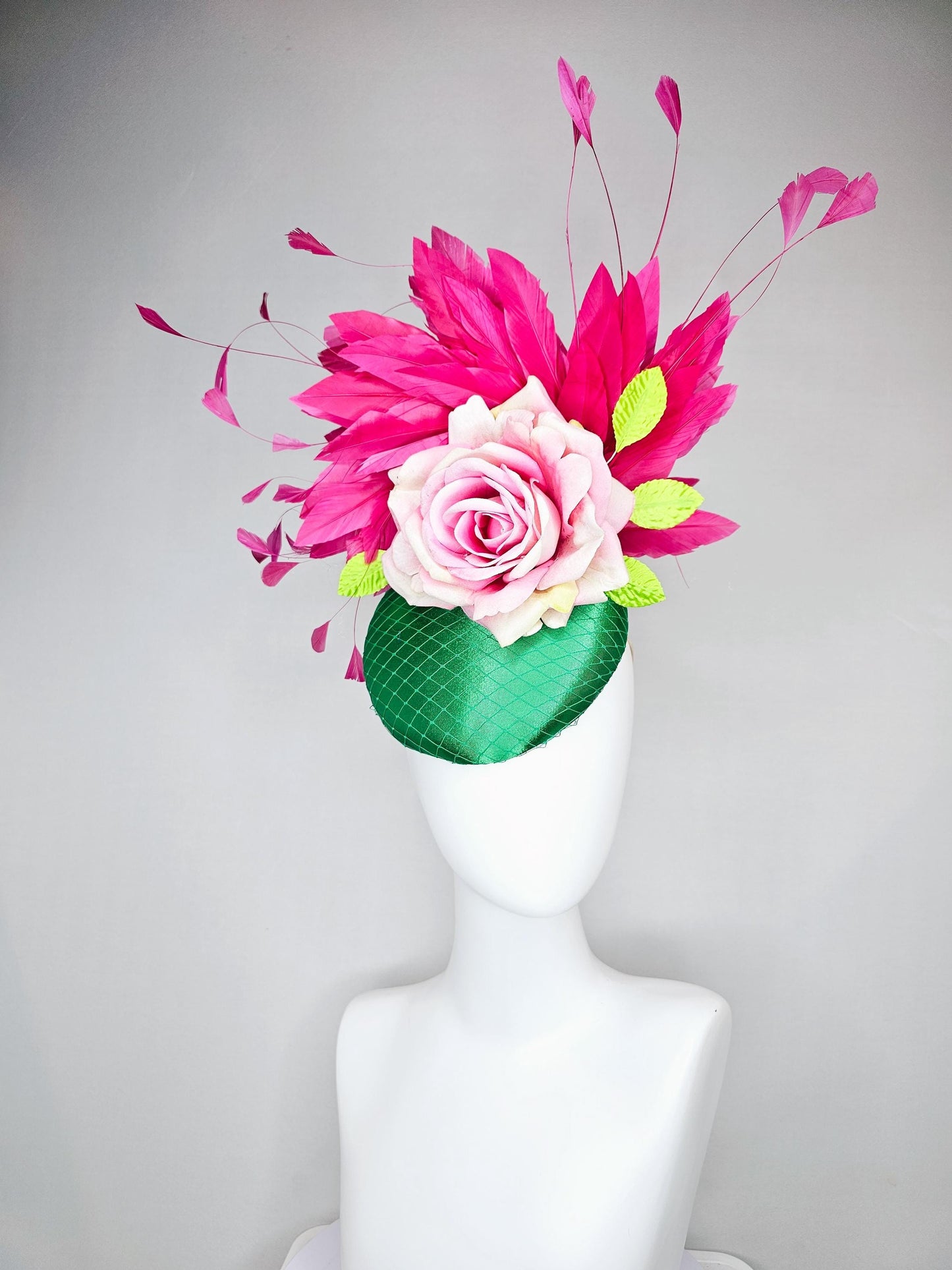 kentucky derby hat fascinator emerald green satin with netting,ombre light pink satin rose,lime green leaves and pink branching feathers