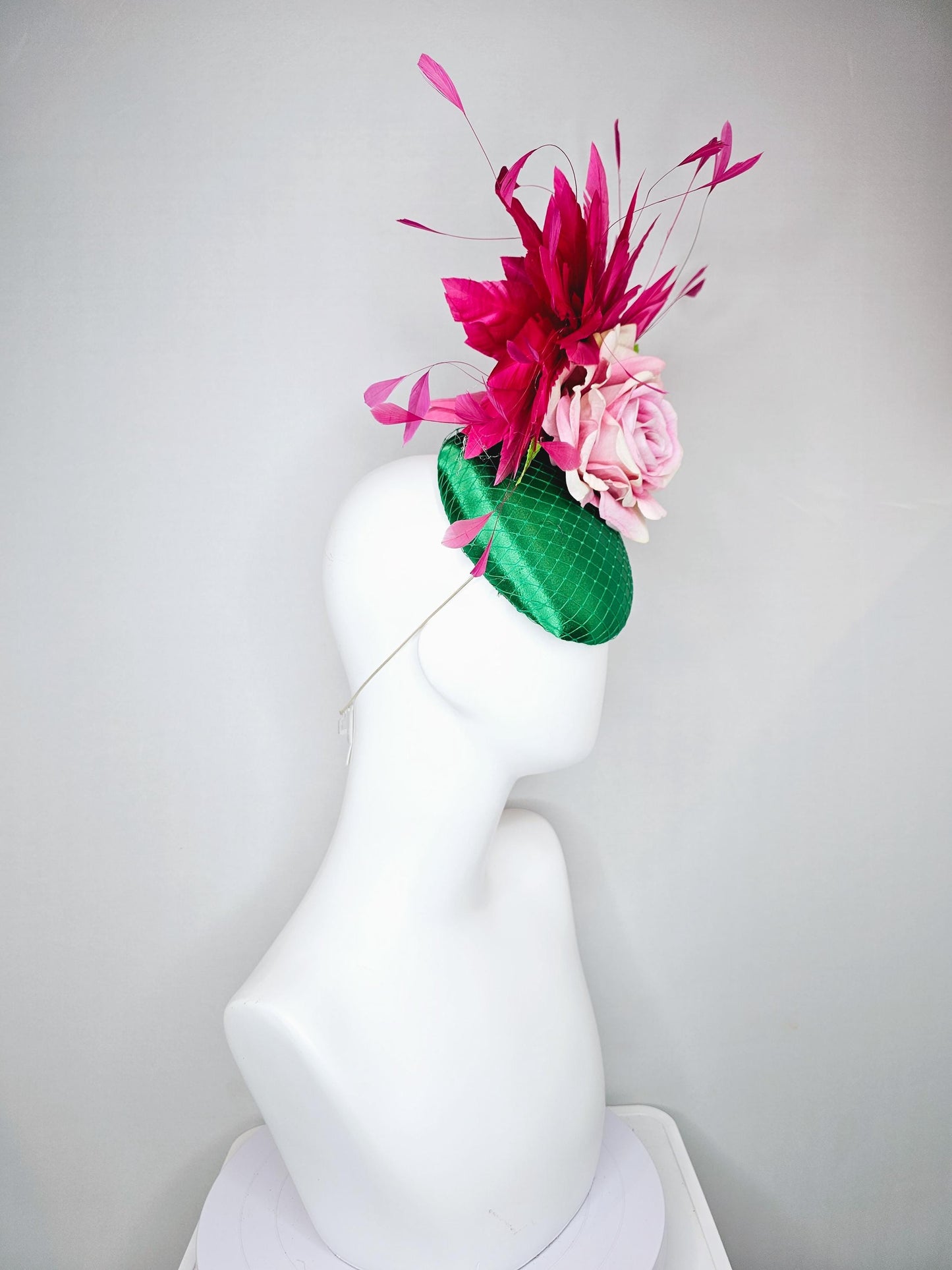 kentucky derby hat fascinator emerald green satin with netting,ombre light pink satin rose,lime green leaves and pink branching feathers